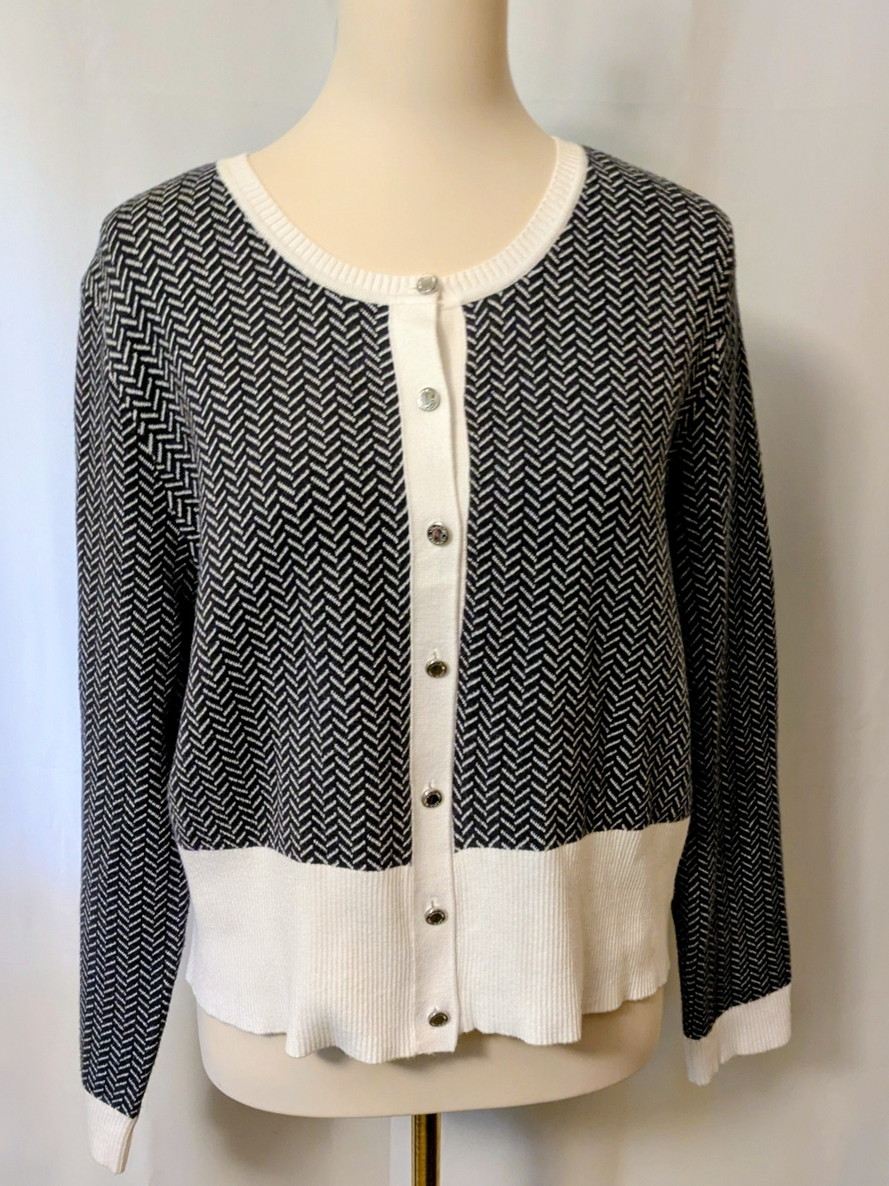 Calvin Klein Black and White Herringbone Button-Front Cardigan NWOT